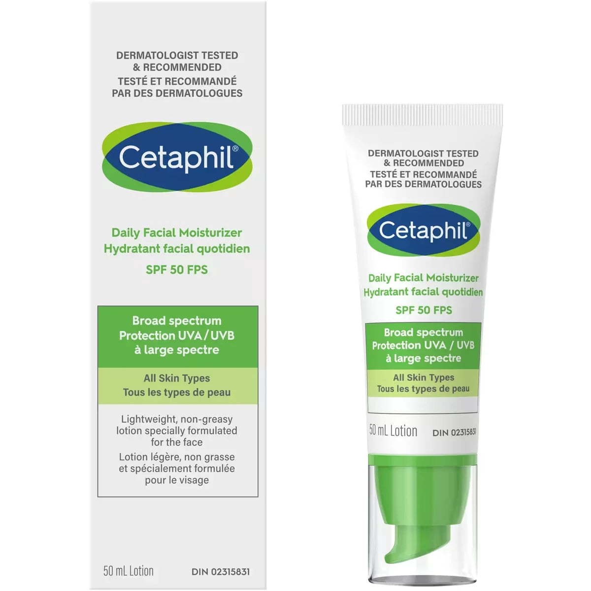 Cetaphil Daily Facial Moisturizer with SPF 50 - Lightweight Moisturizer for Face with Broad Spectrum Protection front package