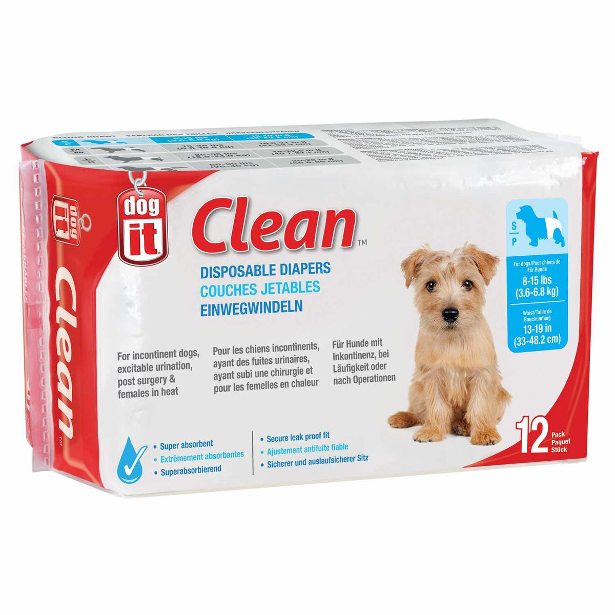 Clean Disposable Diapers for Dogs Bag of 12 Diapers, Super Absorbent, Small - Default Title - product image 1