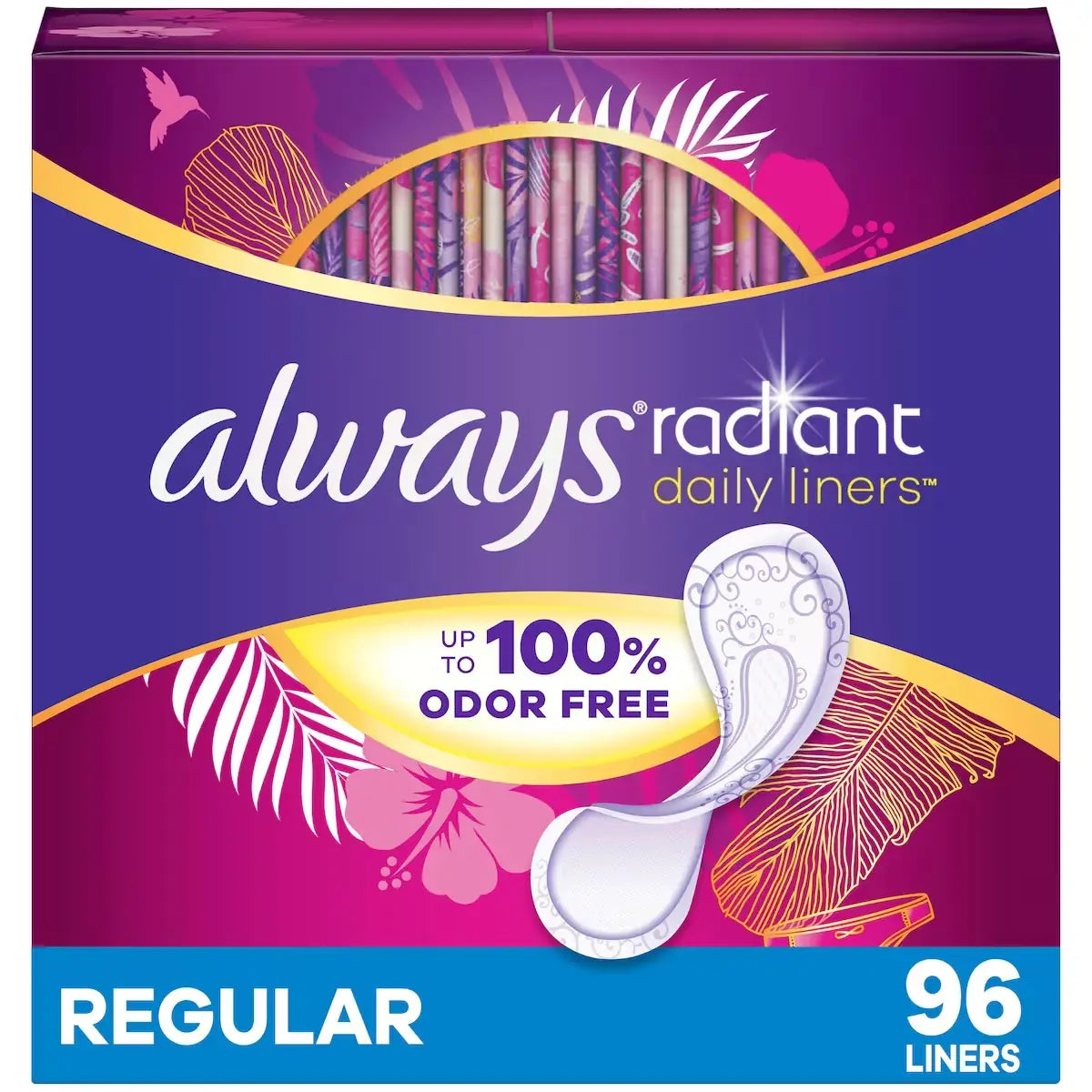 Always Radiant Daily Liners Regular Absorbency Unscented, Up to 100% Odor-free, 96 Count front package