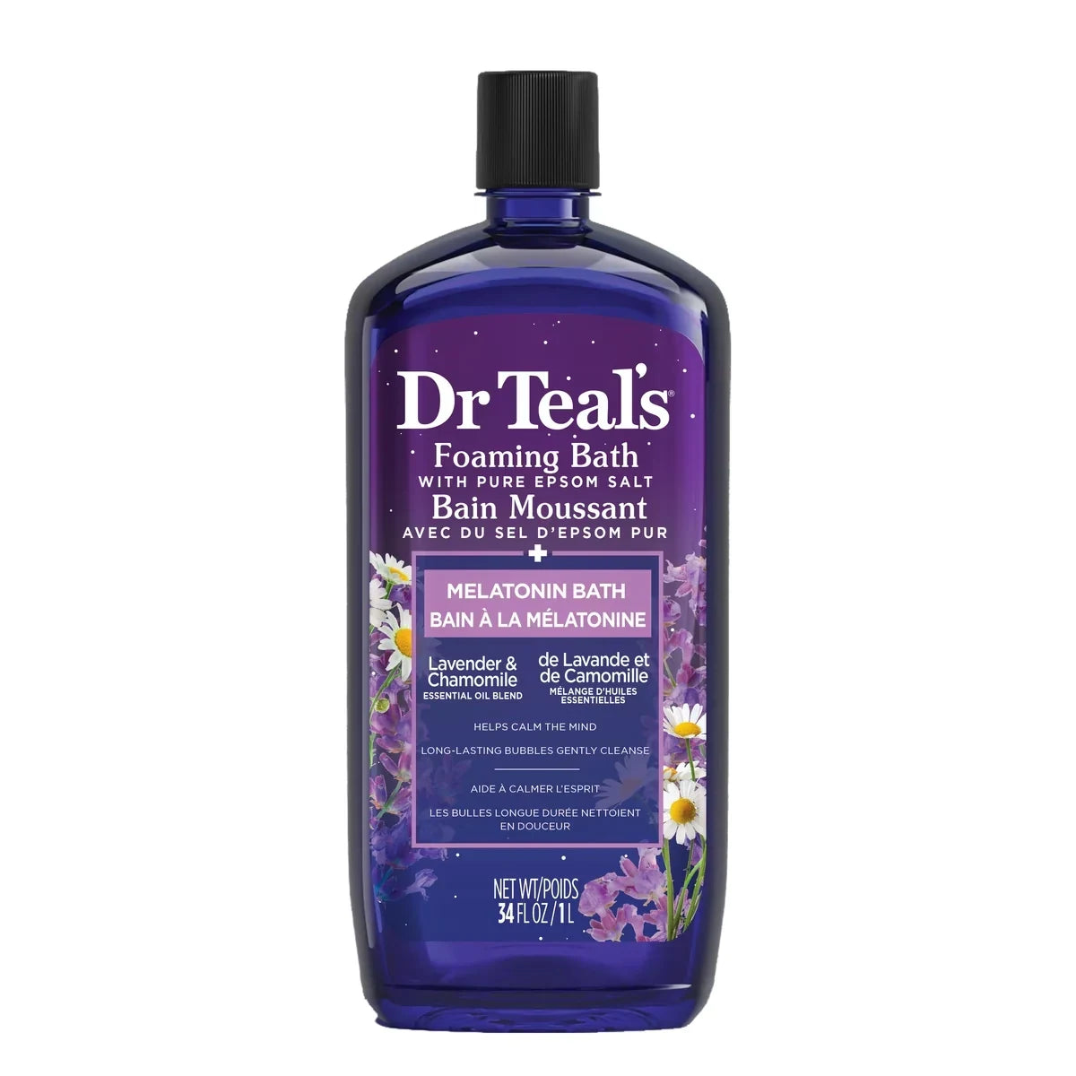 Dr Teal's Foaming Bath with Pure Epsom Salt, Melatonin Bath, Lavender & Chamomile Essential Oil Blend product package