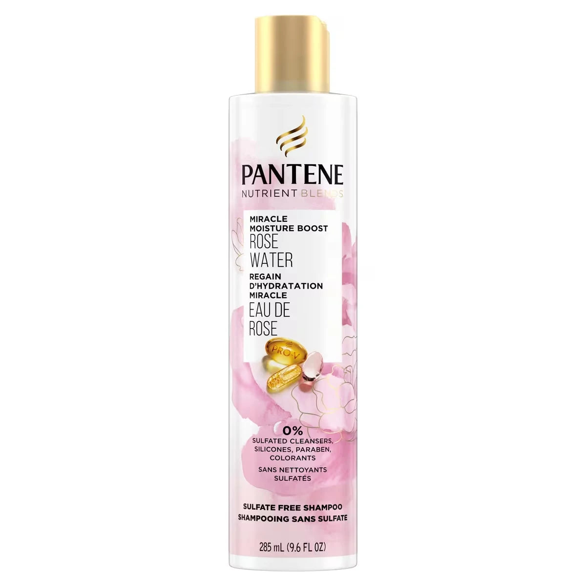 Pantene Nutrient Blends Miracle Moisture Boost Rose Water Shampoo for Dry Hair, Sulfate Free, 285 mL front package