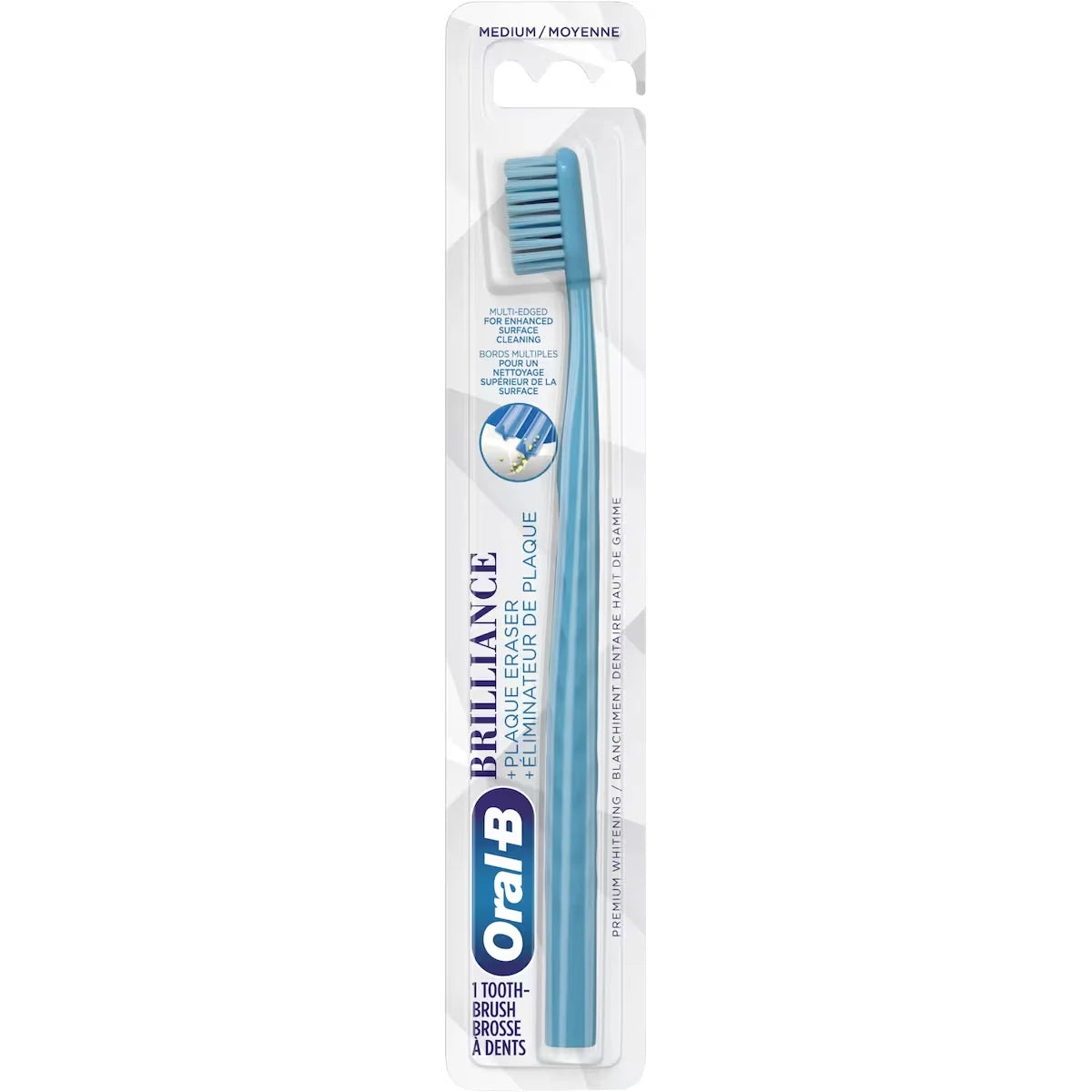 Oral B Brilliance Premium Whitening Toothbrush with Plaque Eraser, Medium, Sky Blue, 1 Count front package