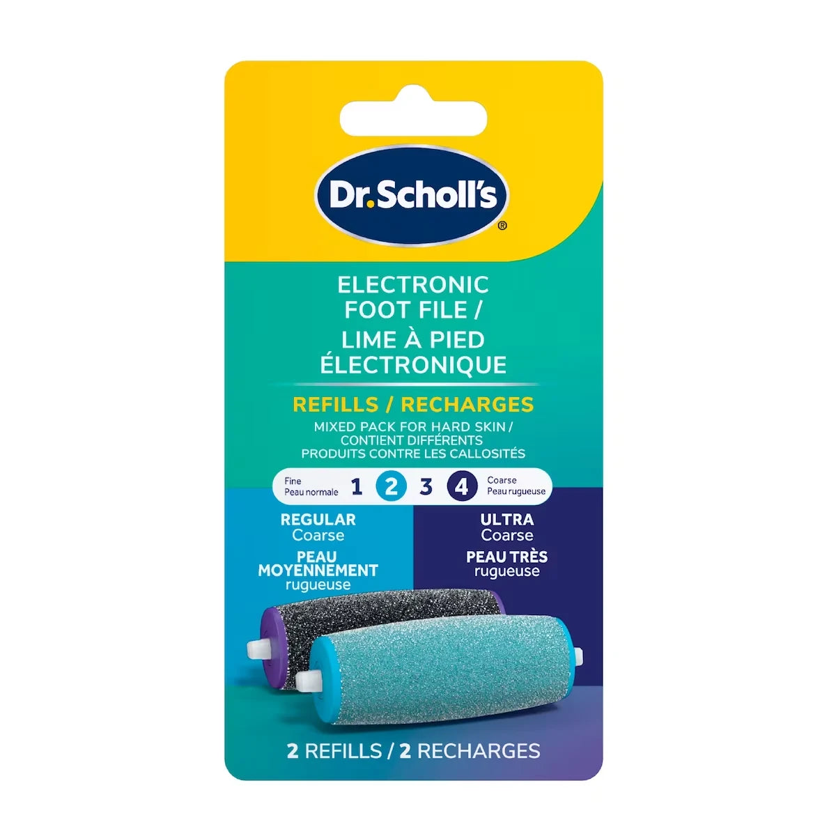 Dr. Scholl's Mixed Electric Foot File Roller Head Refills, 1 Regular Coarse & 1 Ultra Coarse Refill front package