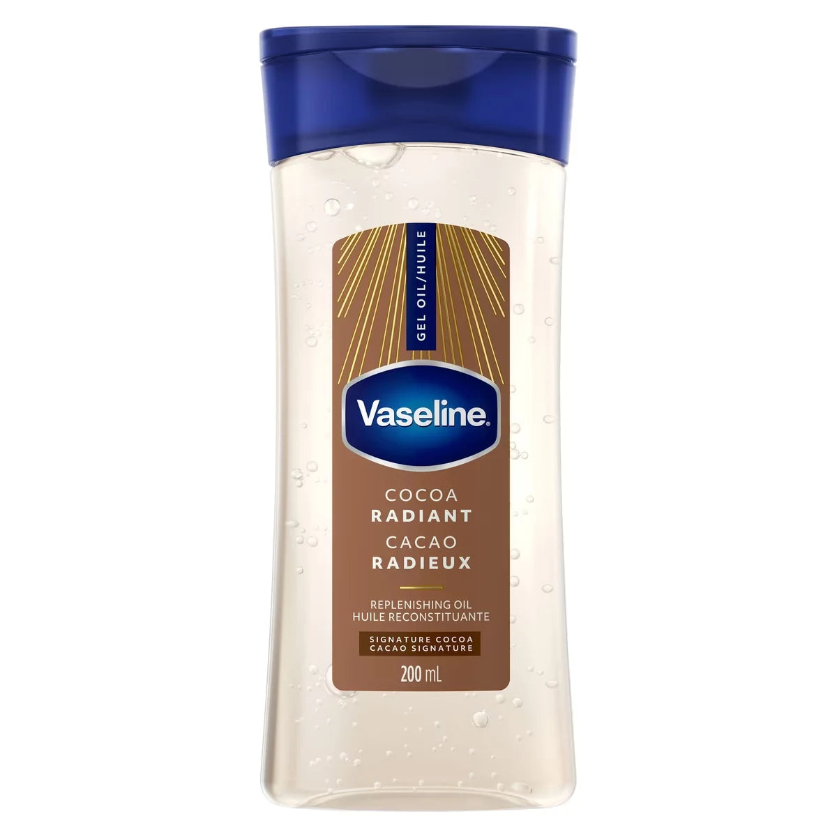 Vaseline Intensive Care Cocoa Radiant Body Gel Oil for Glowing Skin Made with 100% Pure Cocoa Butter + Replenishing Oils front package