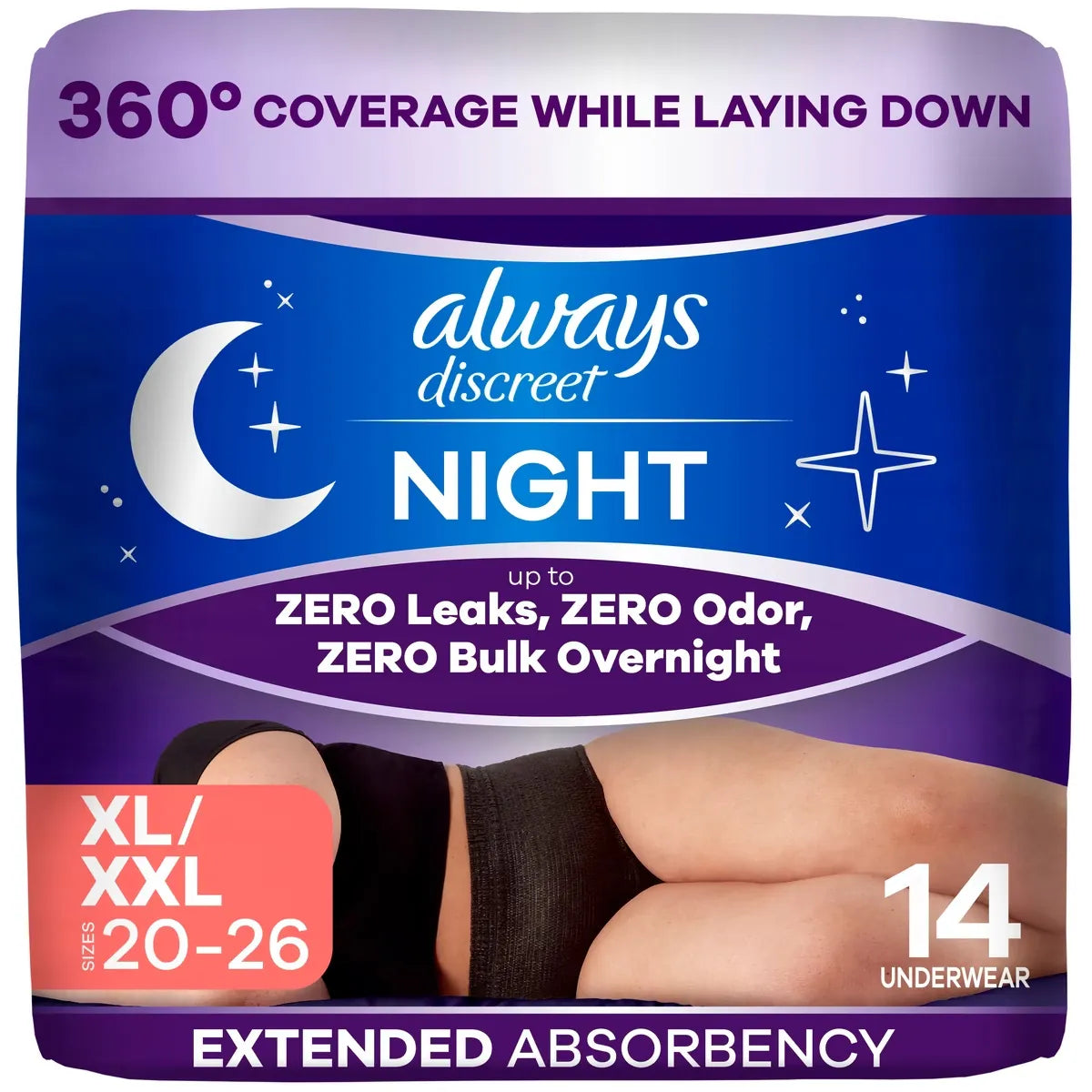 Always Night, Reimagined Adult Diapers for Women, Overnight Incontinence Underwear XL/XXL, 14 CT 14 count front package