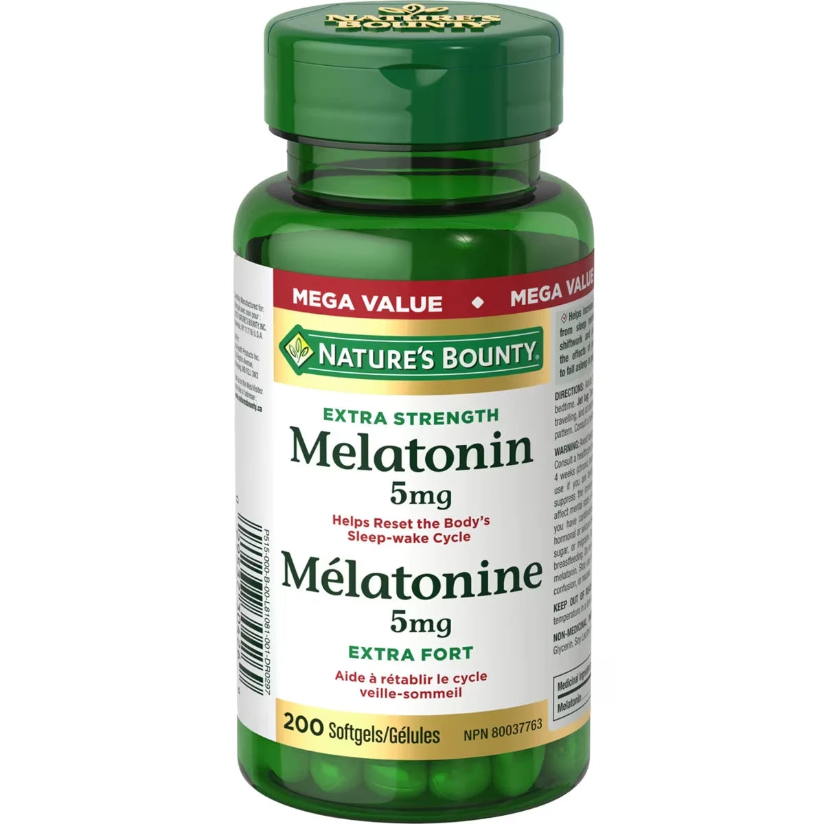 Natures Bounty Melatonin 5 mg Helps Reset The Body's Sleep-Wake Cycle Value Sized 200 Softgels product package