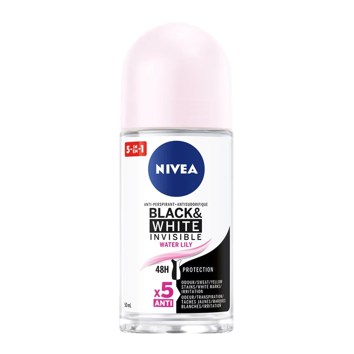 Nivea Black & White Invisible Roll-On 72-Hr Antiperspirant Deodorant, Water Lily, 50 mL product package