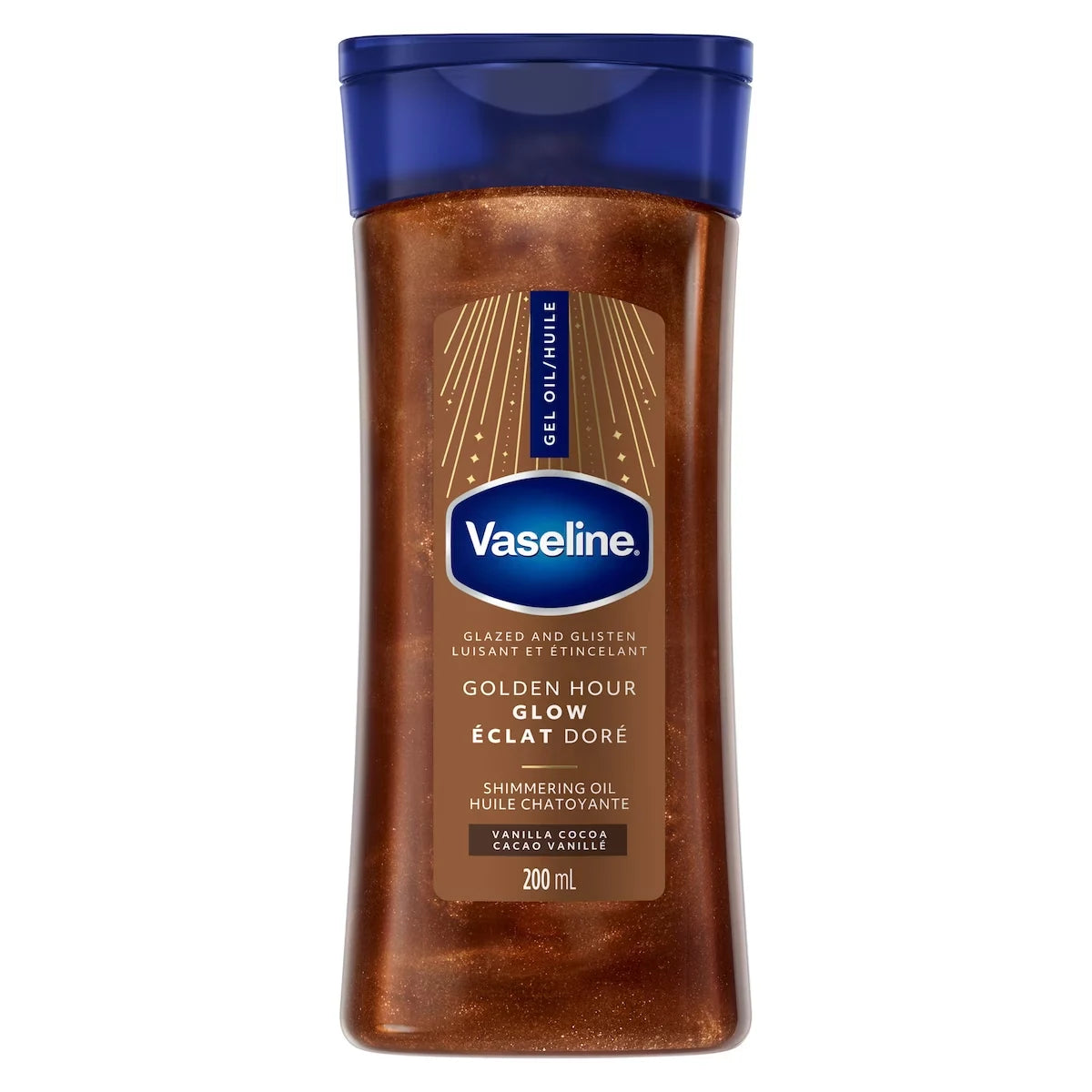 Vaseline Glazed and Glisten Golden Hour Glow Vanilla Cocoa Shimmering Body Gel Oil with Ultra-Hydrating Lipids, 200mL front package