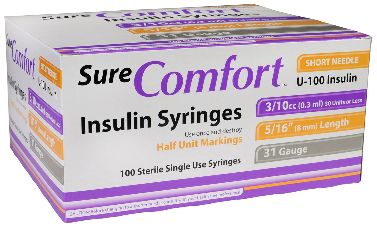 Allison Medical Sure Comfort Insulin Syringe, 31g, 5/16in (8 mm), 3/10cc - Box of 100