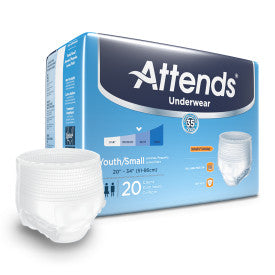 Attends 25029 - Attends Advanced Underwear, Youth/Small - Waist Size 20" - 34" - 4 Bags Of 20