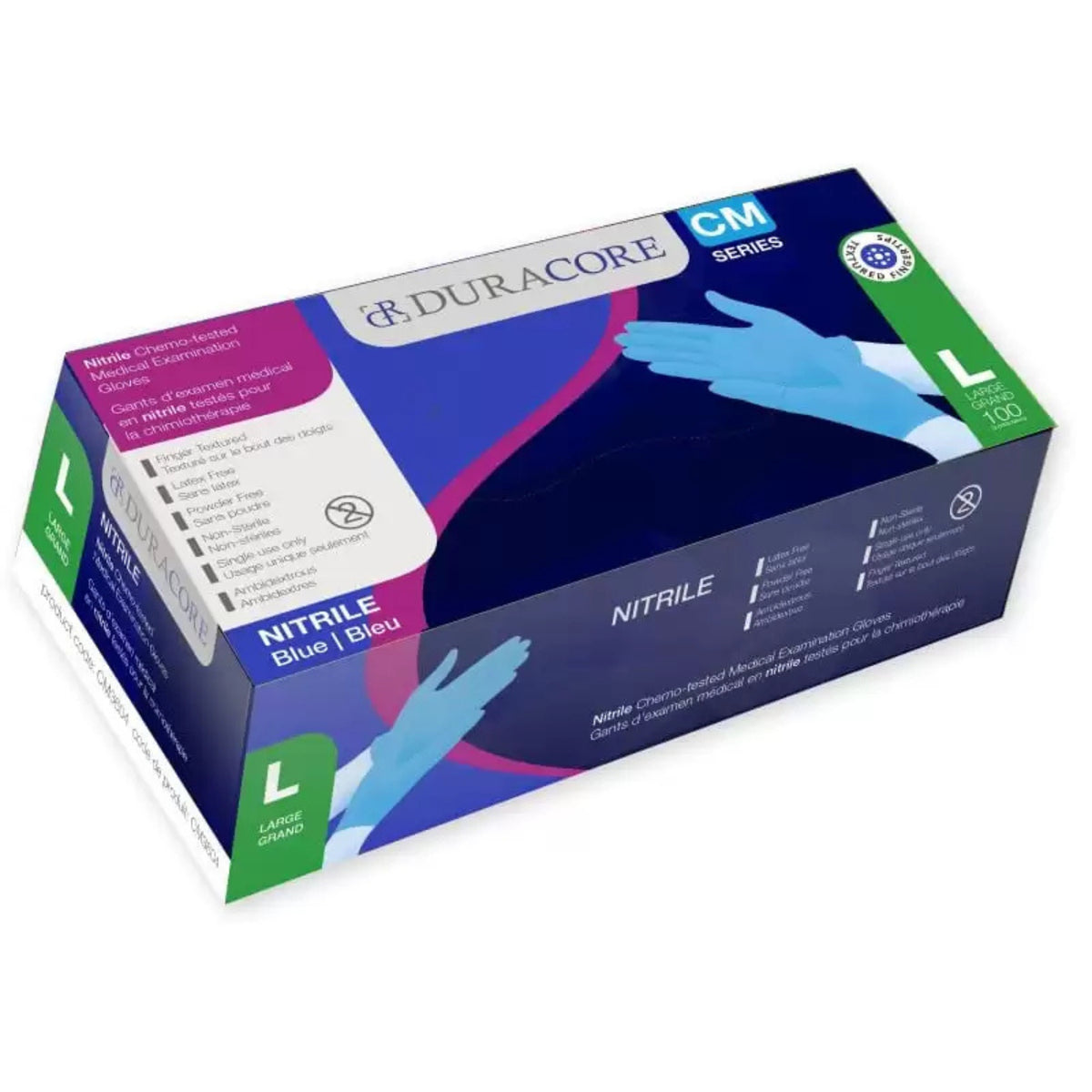 Viedera Bx100 Duracore Blue Nitrile Exam Glove Chemo-Tested Tip-Texture Non Sterile Powder Free 3.2mil Large
