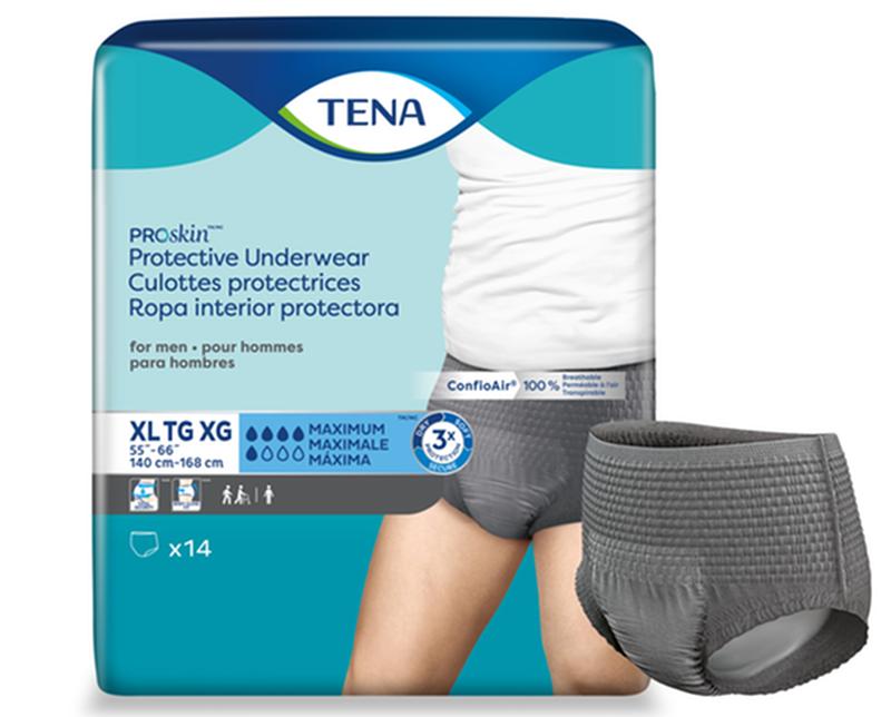Tena Cs/4pkg (14/Pkg) Tena Proskin Underwear For Men, Maximum Absorbency,Grey, Size x-Large 140-168 cm