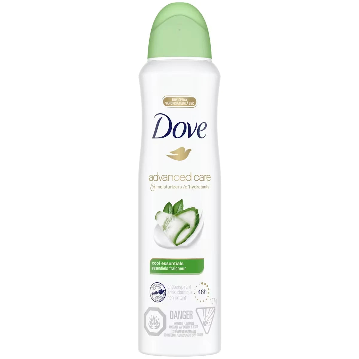 Dove Advanced Care Cool Essentials Dry Spray Antiperspirant Deodorant for Women with Pro-Ceramide Technology for Soft front package