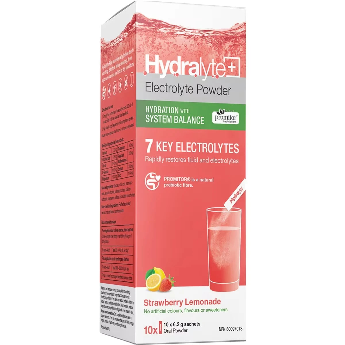Hydralyte Plus Digestive Health Effervescent Electrolyte Granule Sticks, Strawberry Lemonade product package