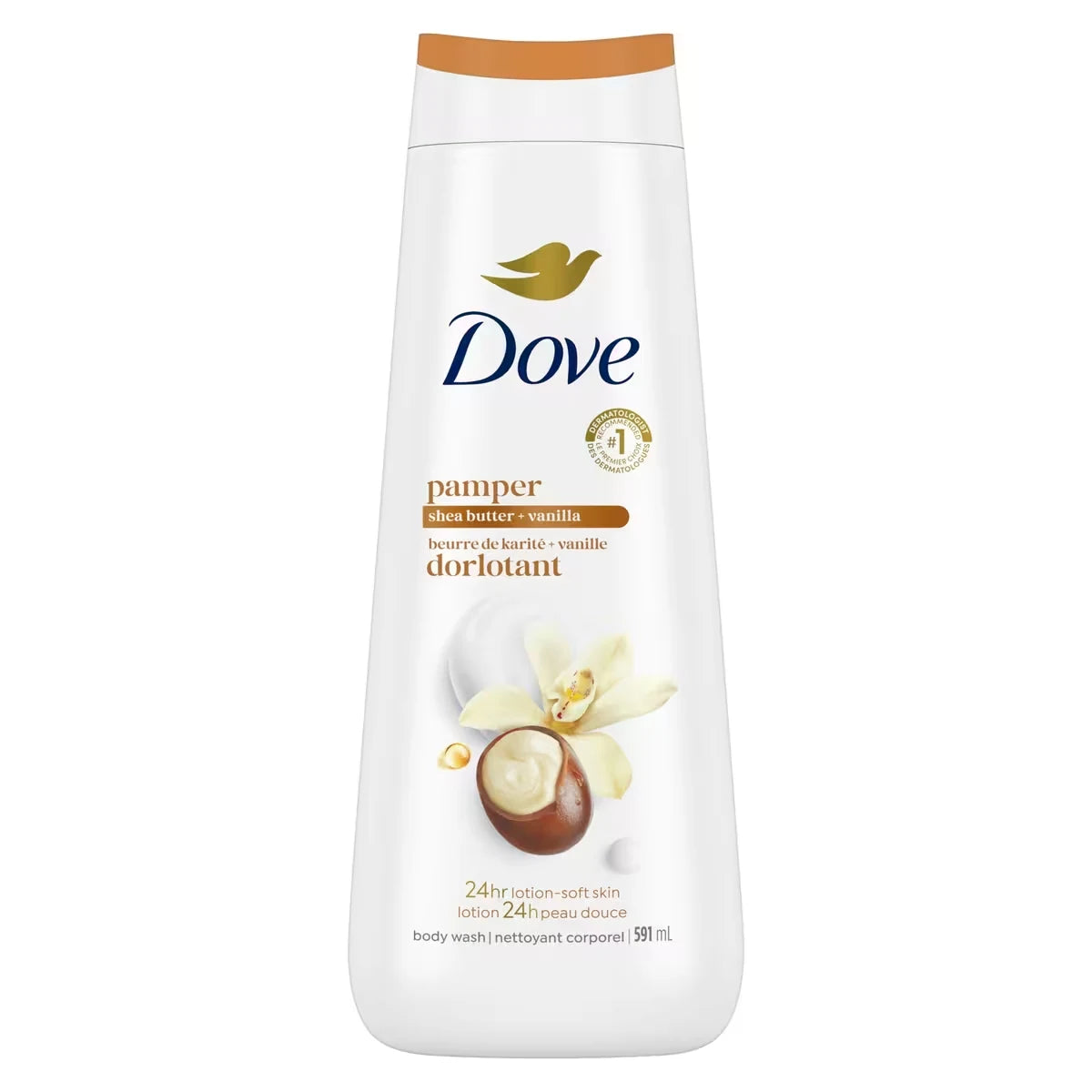 Dove Pampering Body Wash for renewed, healthy-looking skin Shea Butter & Vanilla gentle body cleanser leaves skin soft front package