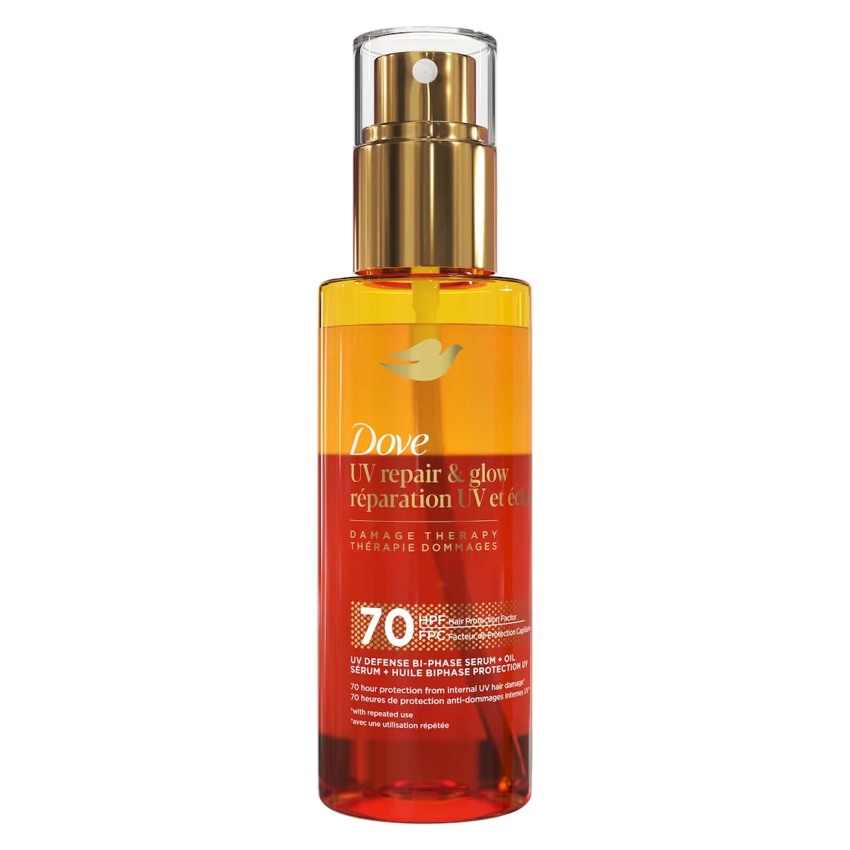 Dove Damage Therapy Defense Bi-Phase Serum + Oil for 70 Hour Hair Protection, UV Repair & Glow with Ferulic Serum, 115mL front package
