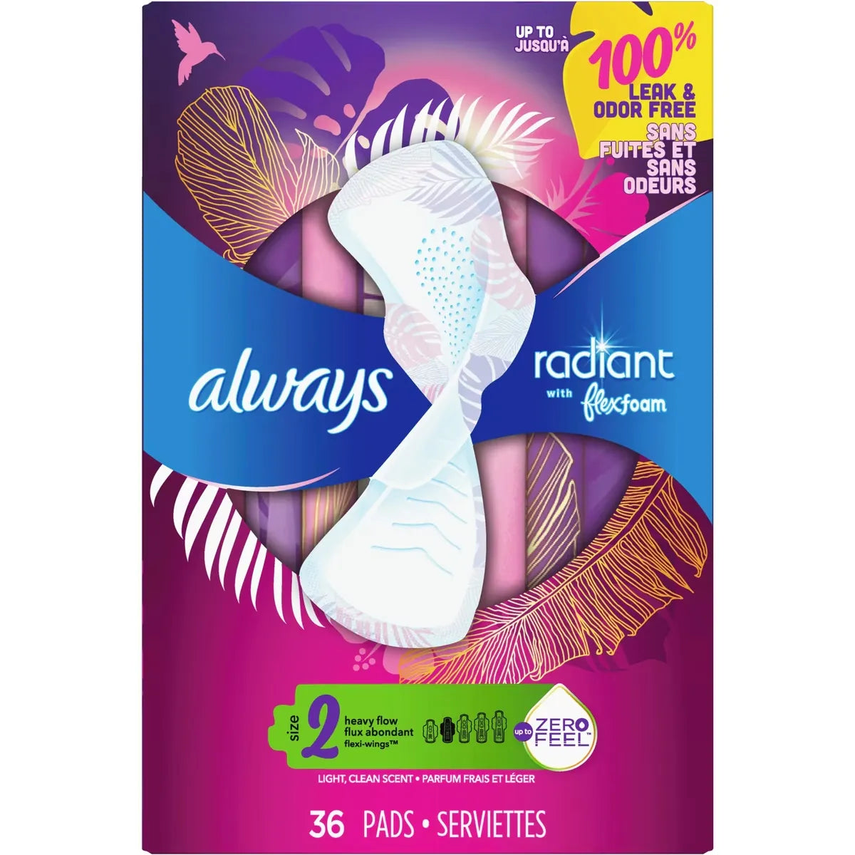 Always Radiant FlexFoam Pads for Women Size 2 Heavy Flow Absorbency with Wings, 36 Count front package