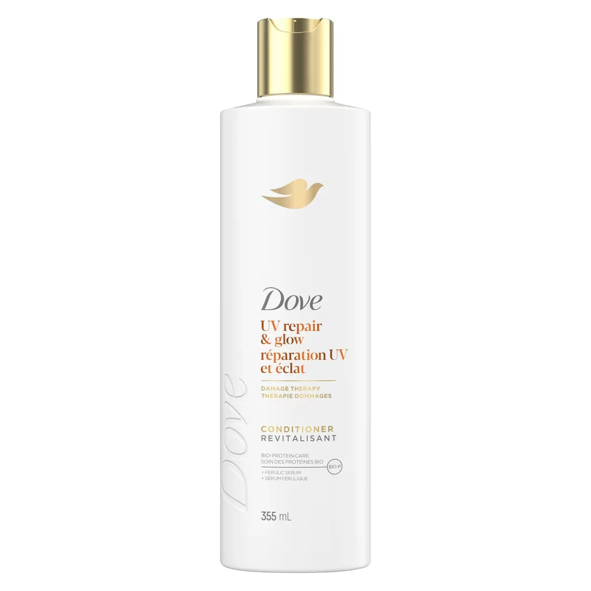 Dove Damage Therapy Conditioner Repairs 99% of UV hair damage* UV Repair & Glow with Ferulic Serum 355mL front package