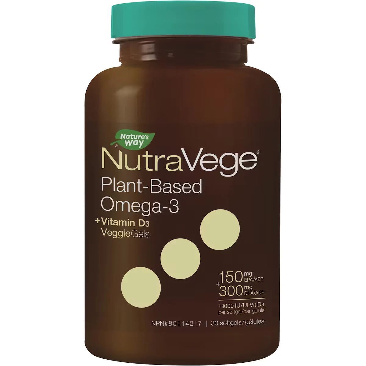 Nature's Way NutraVege Omega-3 +D, Plant-Based VeggieGels, Fresh Mint / 30 softgels front package