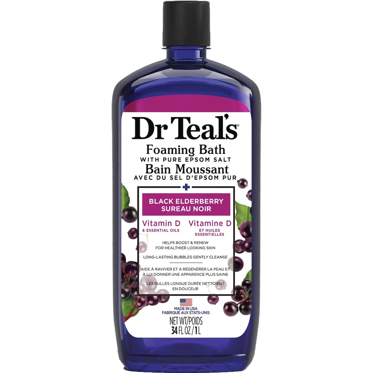 Dr Teal's Foaming Bath with Pure Epsom Salt, Black Elderberry with Vitamin D and Essential Oils front package