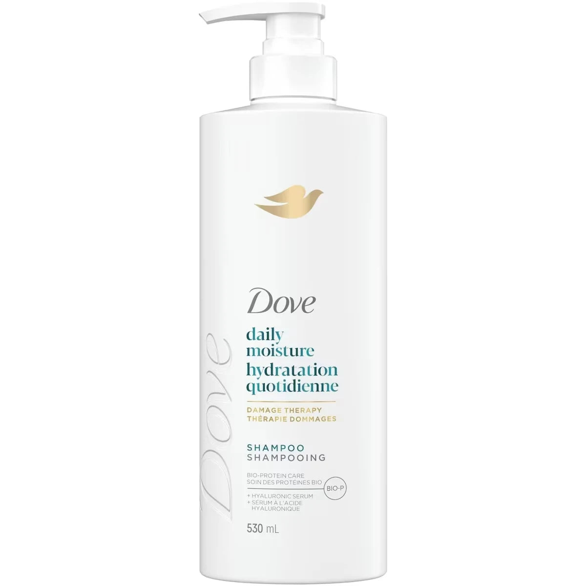 Dove Daily Moisture Shampoo for Dry Hair, with Liquid Bio-Protein Care and Hyaluronic Serum, 530 ML front package