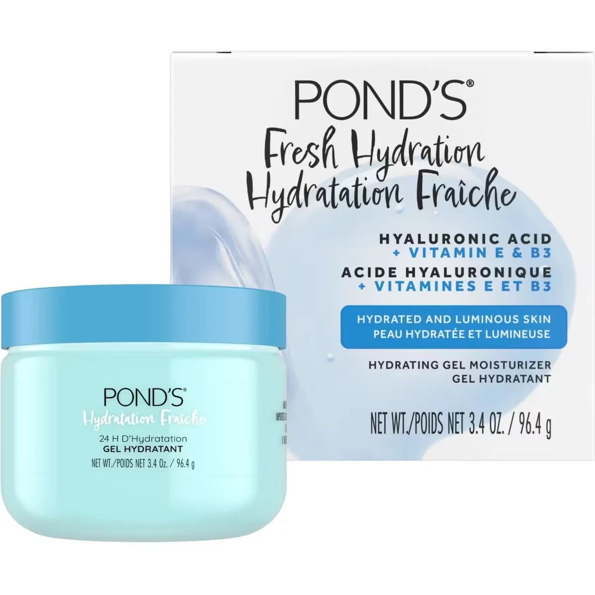 Ponds Hyaluronic Acid, Vitamin E & B3 Gel Face Moisturizer For 24 hour Hydration and Luminous Skin front package