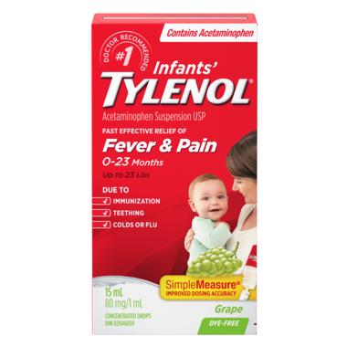 Tylenol Infants' Medicine, Fever & Pain Drops, Dye Free Grape
