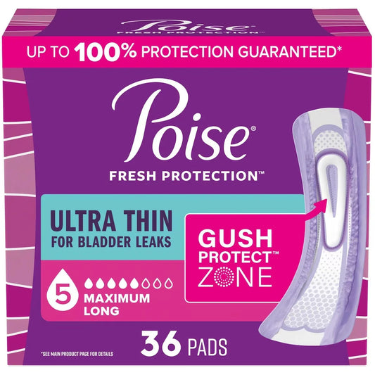 Poise Ultra Thin Incontinence & Postpartum Pads for Bladder Leaks, 5 Drop Maximum Absorbency, Long Length front package