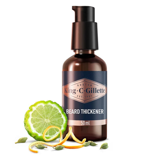 Gillette King C. Beard Thickener infused with caffeine, and King C. Signature Scent, 1.7oz front package