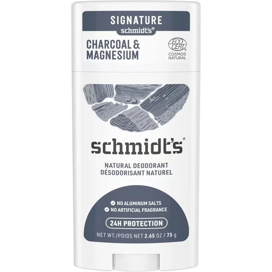 Schmidts Natural Origin Deodorant 48 Hour Odour Protection Charcoal & Magnesium Deodorant for Men and Women front package