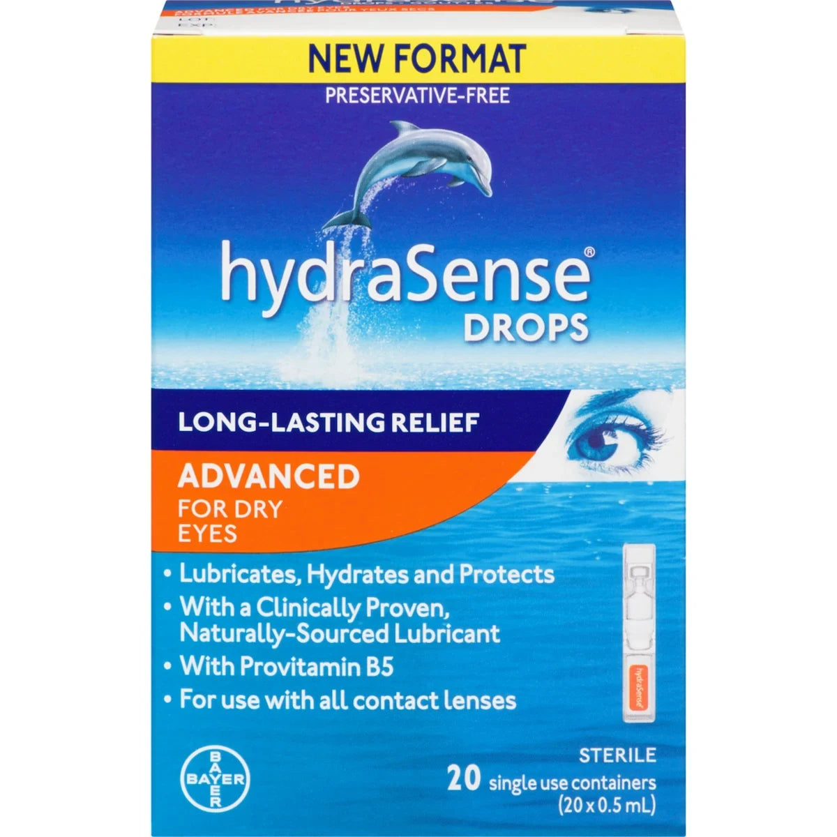 Hydrasense Advanced Eye Drops Single Use Vials, Preservative Free, With Provitamin B5, 20 Count front package