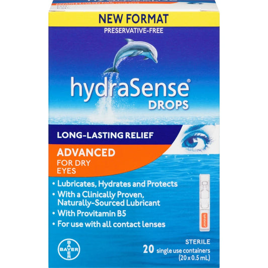Hydrasense Advanced Eye Drops Single Use Vials, Preservative Free, With Provitamin B5, 20 Count front package