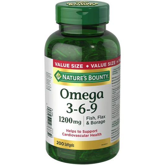 Natures Bounty Omega 3 6 9 Fish Oil Softgels, Helps Support Cognitive Health and Brain Function, 1200mg front package