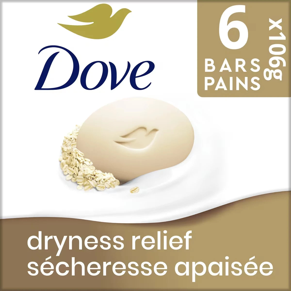 Dove Dryness Relief Beauty Bar deep moisturizing body bar for sensitive skin Oatmeal and Rice Milk Scent beauty bar with front package