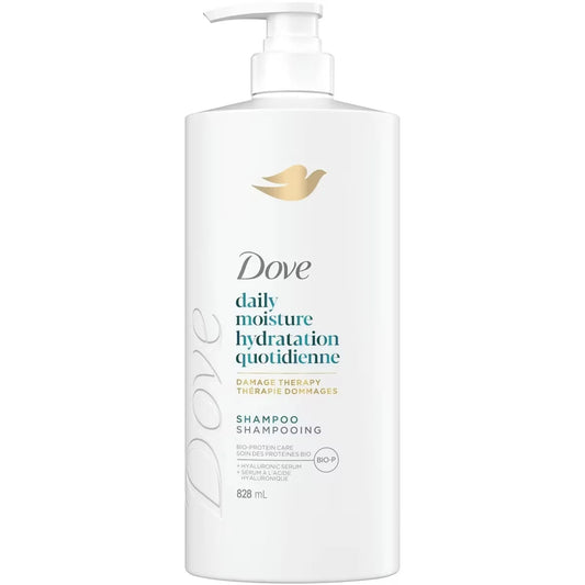 Dove Daily Moisture Shampoo for Dry Hair, with Liquid Bio-Protein Care and Hyaluronic Serum, 828 ML front package