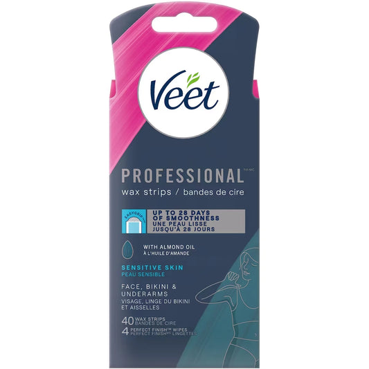 Veet ProfessionalTM Wax Strips Sensitive Skin - Face, Bikini & Underarm 40 Ct (Packaging May Vary) 40 count front package