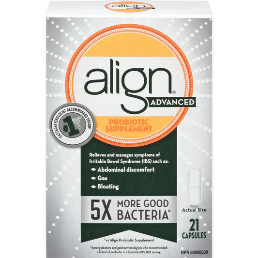 Align Advanced Probiotic Daily Digestive Care, 21 Vegetarian Capsules 5 × 10^7 CFU 21 count front package