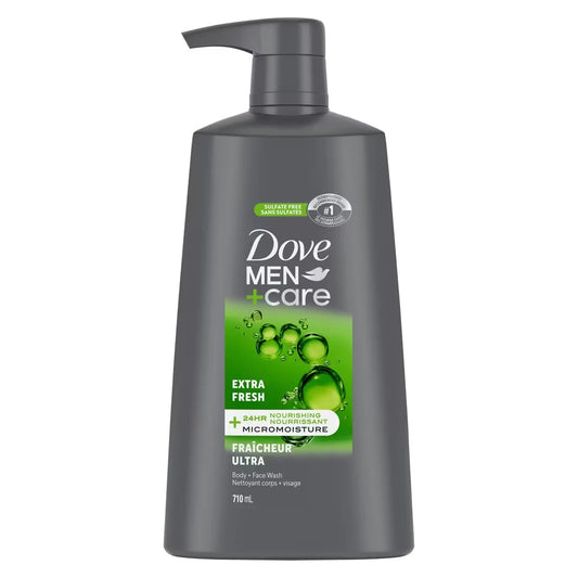 Dove Men+Care Refreshing Extra Fresh Body and Face Wash with 24-Hour Nourishing Micromoisture Technology Body Wash for front package