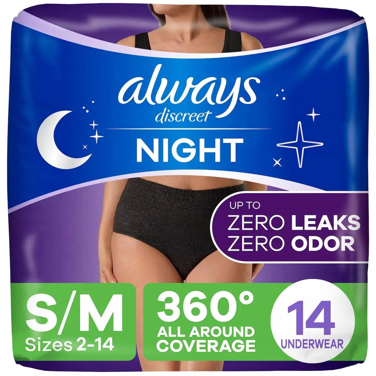 Always Adult Incontinence Overnight Underwear for Women, S/M, Up to 100% Bladder Leak Protection, 14 CT 14 count front package