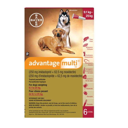 Advantage Multi for Dogs, 9.1 - 25 kg (Red), 6 X 2.5 mL
