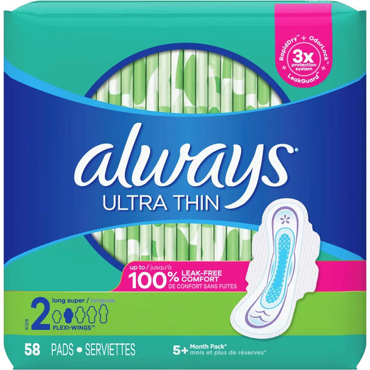 Always Ultra Thin Feminine Pads with Wings for Women, Size 2, Long Super Absorbency, Unscented front package