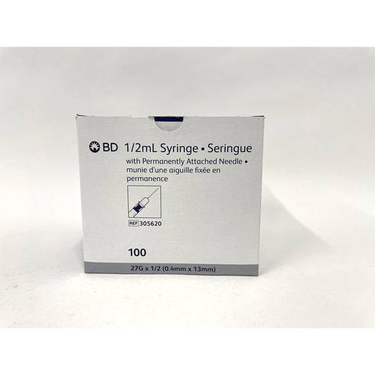 Syringe 0.5 mL with Permanently Attached Needle Box of 100 Syringes 27 G x 1/2 in - Default Title - product image 1
