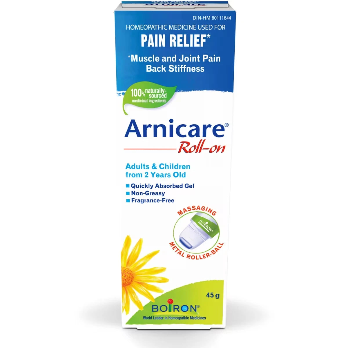 Boiron Arnicare Roll-on used for pain relief, muscle and joint pain, back stiffness front package