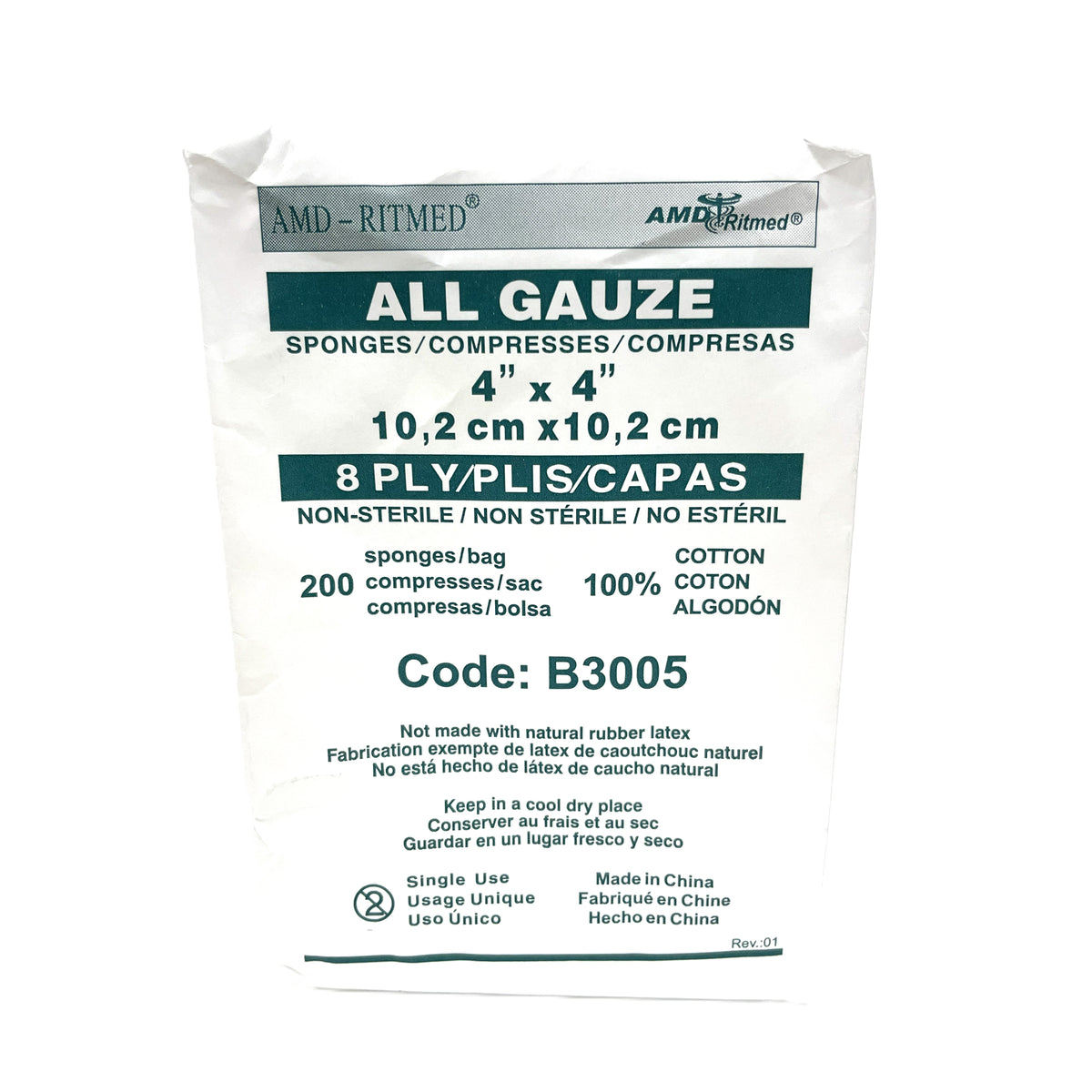 Gauze Sponge Woven Non Sterile 8 Ply Pack of 200 Units 4 in x 4 in - Default Title - product image 1