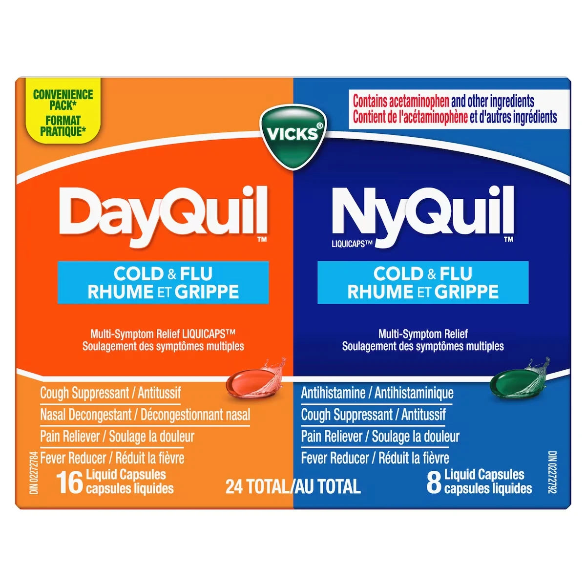 NyQuil Cold & Flu Multi-Symptom Relief Liquid Capsules + Vicks Cold & Flu Multi-Symptom Relief Liquid Capsules, 24 Count product image
