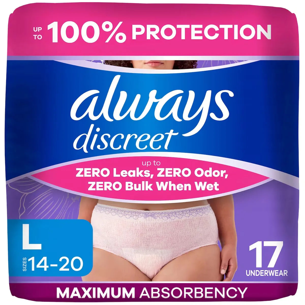 Always Reimagined Adult Diapers for Women, Maximum Incontinence and Postpartum Underwear L, 17 CT​ 17 count front package