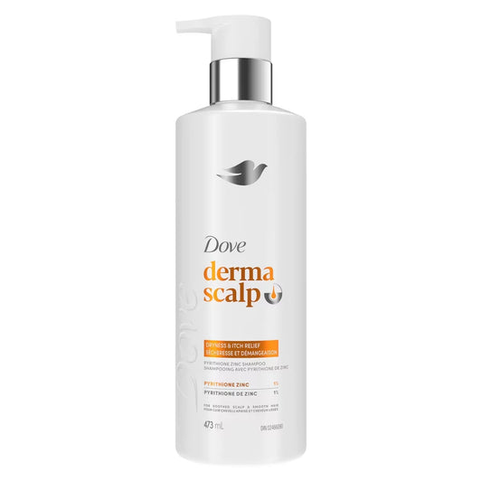Dove Derma Scalp Shampoo for 100% Flake-Free* & Smooth Hair, Dryness & Itch Relief with Niacinamide & Glycerin, 473mL front package