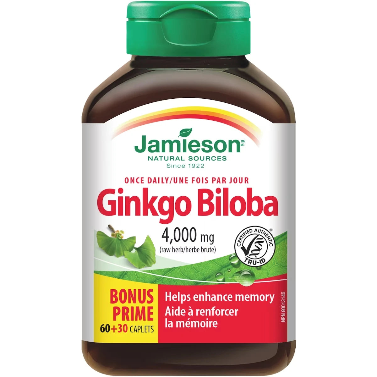 Jamieson Ginkgo Biloba Caplets, 4,400 mg front package