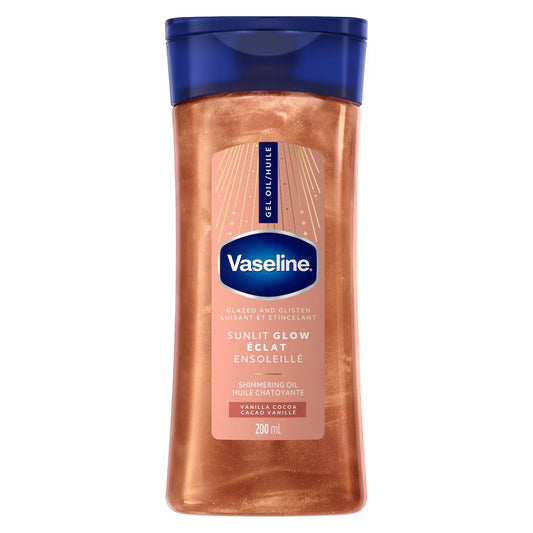 Vaseline Glazed and Glisten Sunlit Glow Vanilla Cocoa Shimmering Body Gel Oil with Ultra-Hydrating Lipids and, 200mL front package