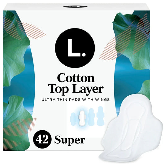 L Ultra Thin Pads for Women, Organic Cotton Top Layer, Super Absorbency, Menstrual Pads with Wings, 42 Count product package